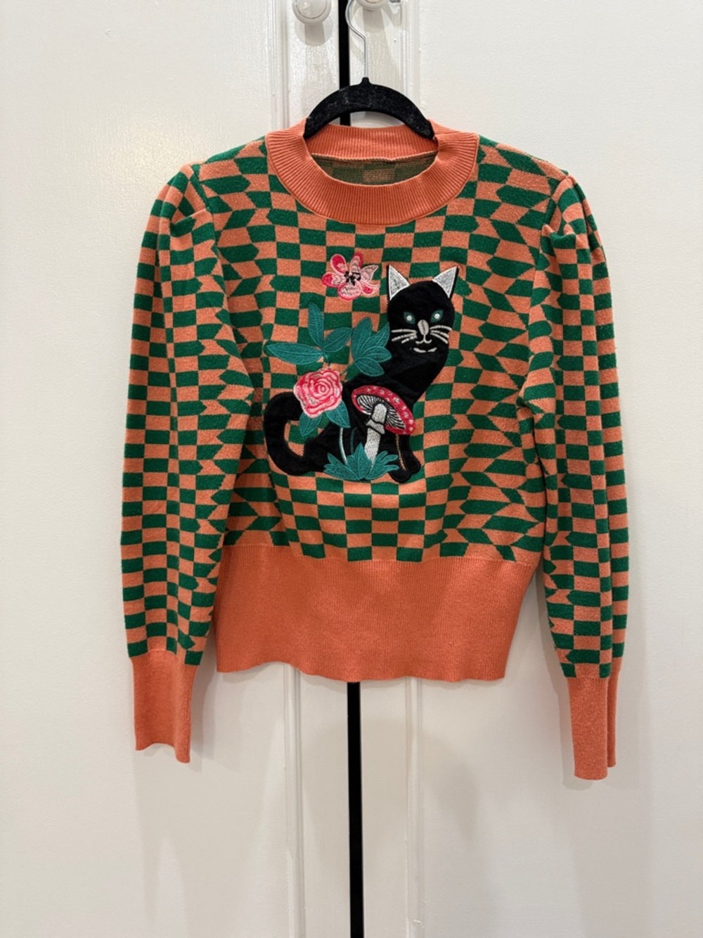 Green & Salmon Checkered Sweater with Black Cat Embroidery